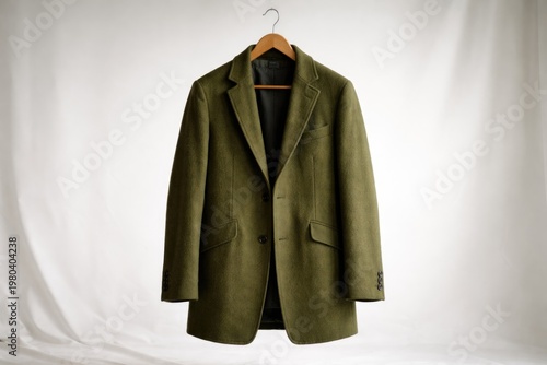 Green coat hanging on a woo...
