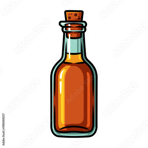 A bottle of amber liquid with a cork stopper is shown upright