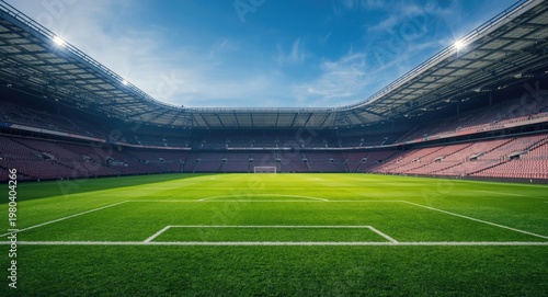 stadium featuring vibrant green grass pitch prepared for soccer midfield