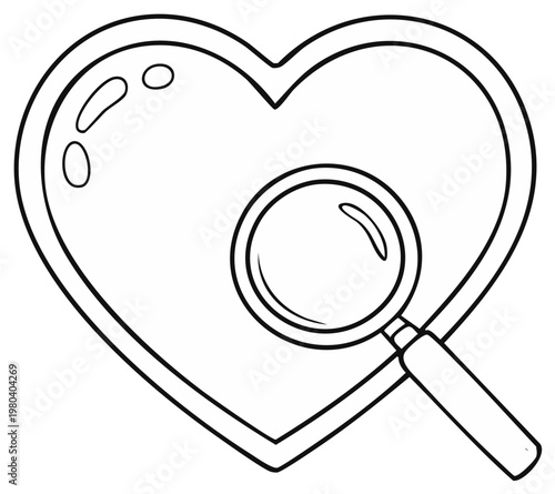 Magnifying glass examining heart shape, concept of love, health, or investigation