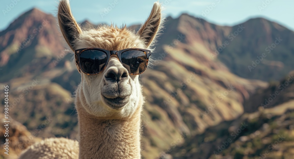 Fototapeta premium Friendly alpaca with sunglasses enjoying a colorful mountain view