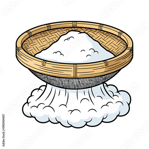 A steaming bowl of rice sits on a cloud-like vapor above a woven basket.