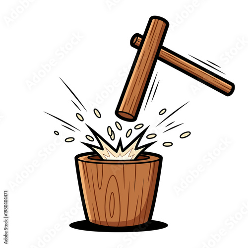 A wooden mallet smashes into a wooden bucket causing grains to scatter.