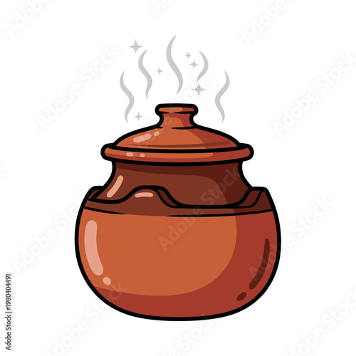 A steaming clay pot sits on a surface emitting vapors.