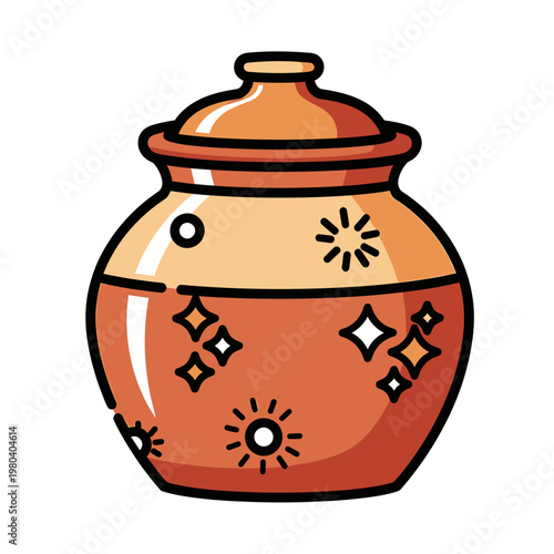 An illustration of a traditional clay pot with lid and decorative patterns on its surface