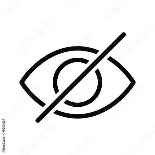 A clear black outline vector icon depicting an eye with a diagonal line crossing through it, symbolizing invisibility, privacy, or hidden content on a clean white background.