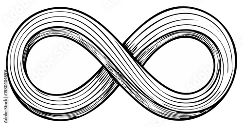 Ink drawing of infinity symbol, conceptual artistic illustration with textured lines and curves.