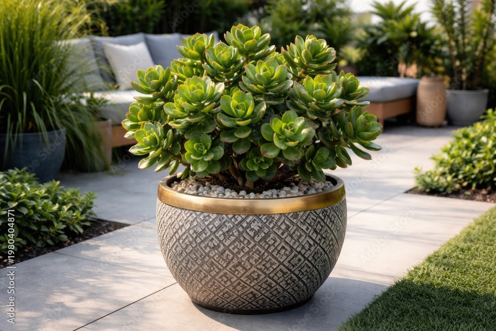 Fototapeta premium Lush crassula succulent in a decorative planter ideal for contemporary terrace garden decor