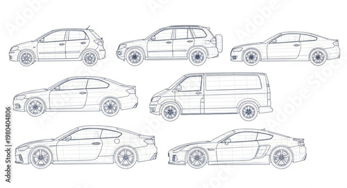 Collection of Hand Drawn Cars and Van Sketches.