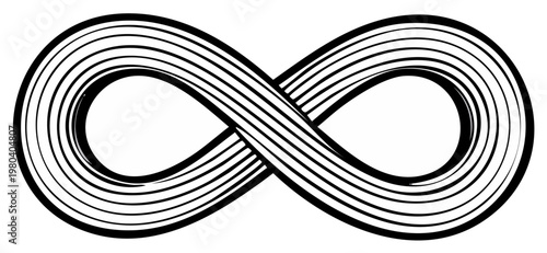 Infinity symbol illustration with layered curved lines, black and white abstract design