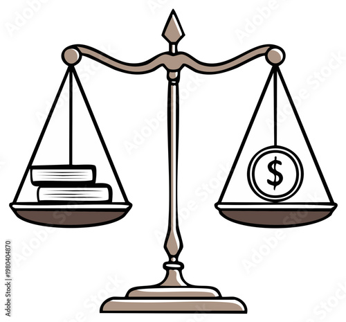 Balance Scale Comparing Books and Money Representing Value Concept
