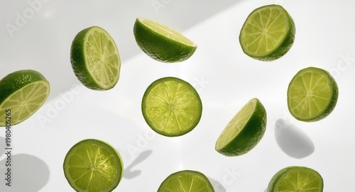 Vibrant green lime sections airborne with subtle shadow over white surface