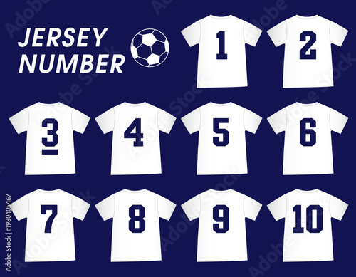 背番号1から10までの白いサッカーユニフォームとサッカーボールのアイコンセット