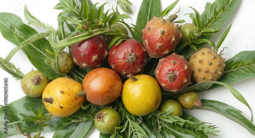 White background showcasing a lively arrangement of juicy noni fruits with fresh green foliage