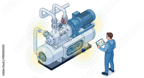 Isometric vector illustration depicting a technician using a tablet for sensor monitoring system on a machine, showing industry 4.0 and predictive maintenance with a clean white background