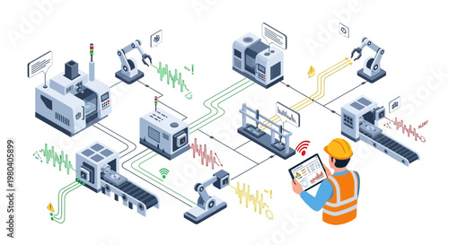 An illustration shows a worker in a hard hat using a tablet for a sensor monitoring system connected to automated machines in a manufacturing facility, depicted in a clean, isometric style