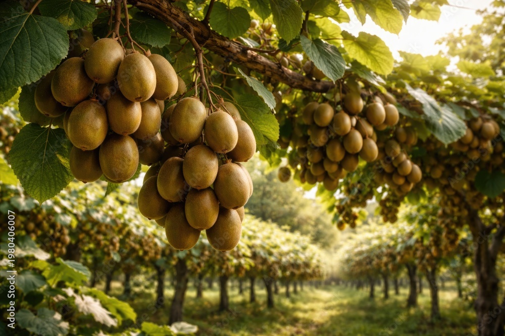 Fototapeta premium Kiwi tree laden with ripe fruit clusters in natural setting