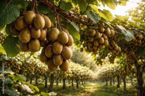 Kiwi tree laden with ripe fruit clusters in natural setting