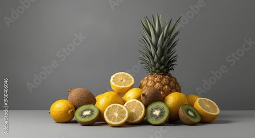 Tropical fruit display featuring lemon and kiwi on a plain grey backdrop expressing diet and natural vitality