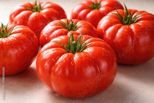 Close up of ripe beefsteak tomatoes on a smooth plain backdrop