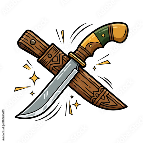 A cartoon illustration of a knife and sheath sparks flying around them on a white background