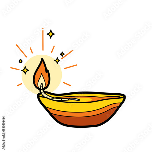 A lit earthen lamp emits warm glow with flame and sparks nearby indoors