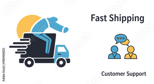 Delivery truck, fast shipping, customer support icons, logistics symbols, vector graphics