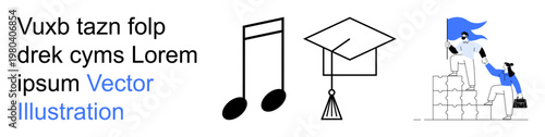 Education, collaboration, music appreciation, teamwork, mentorship, achievement. Musical note, graduation cap and people stacking blocks. Education and collaboration clearly