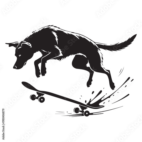 dynamic skateboarding dog silhouette isolated black outline illustration