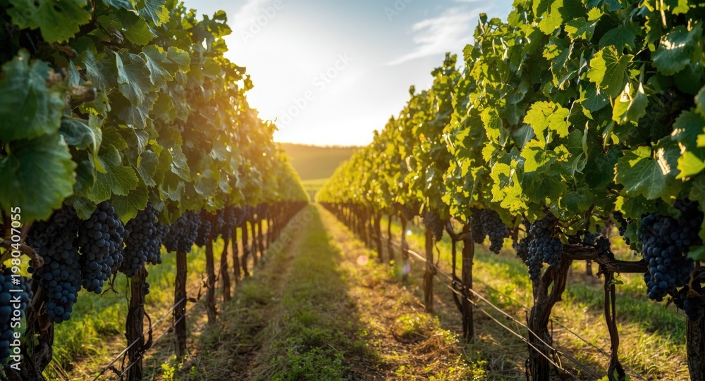 Naklejka premium Sunlit vineyard with ripe purple grapes cascading from dense green vines and space for text