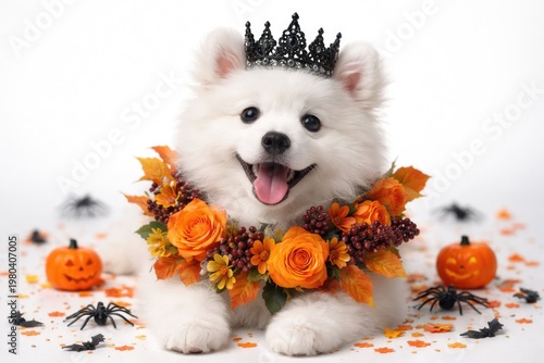 Happy white puppy wearing a...