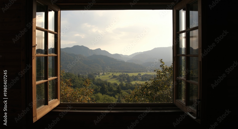 Fototapeta premium Tranquil landscape from open wooden framed window blending nature with indoor peacefulness
