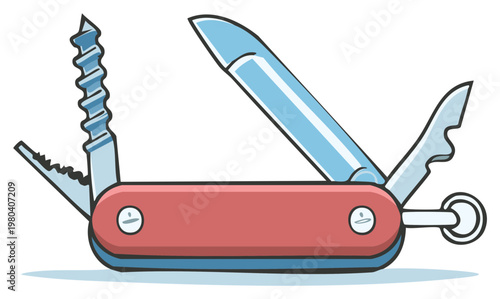 Cartoon illustration of a red pocket knife with multiple tools