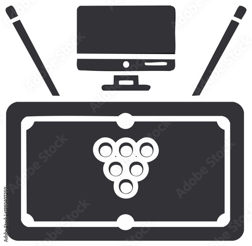 Billiard table, pool cues, and a television screen. Gaming room, entertainment concept, indoor sports recreation equipment