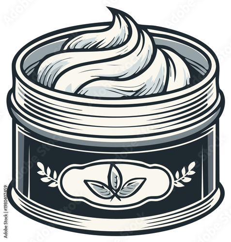Stylized jar of cream with leaf design for cosmetic or skin care products