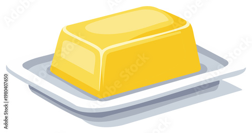 Bright Yellow Block of Butter on Butter Dish, Food Fats and Oils Illustration