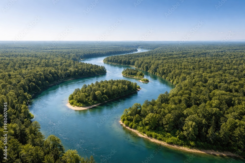 Obraz premium Aerial perspective of a twisting river surrounded by dense forested banks and vibrant green islands under a clear blue sky with copy space