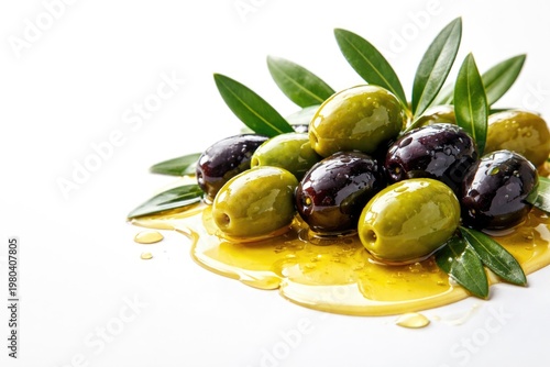 Fresh ripe olives in olive oil with green leaves on clean white background and copy space