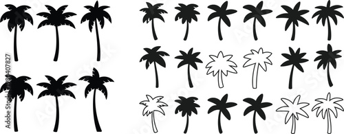 Palm tree silhouettes collection showing tropical, curved trunks, fronds, ornamental, coastal, beach, nature, landscape, botanical, outdoor, design, plants