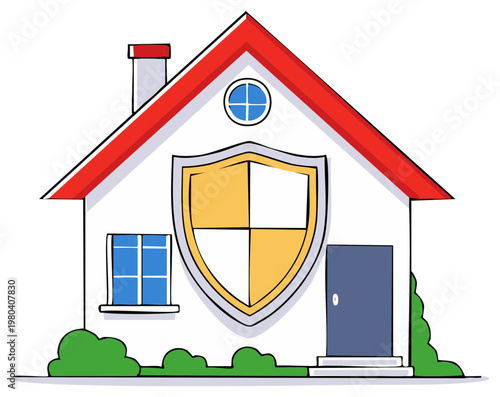 Cartoon house with protective shield symbol on facade promoting safety and security