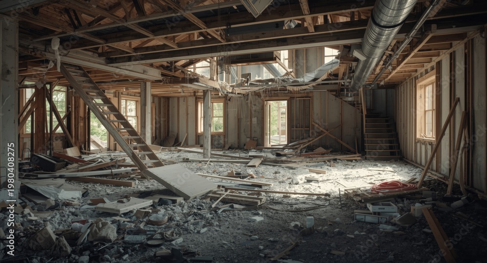 Naklejka premium Severely impacted indoor space from natural catastrophe aftermath