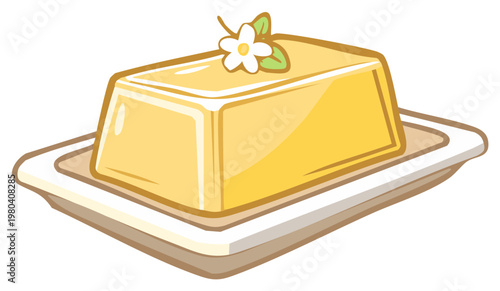 Vibrant cartoon yellow butter block on a serving dish adorned with a delicate white flower and green leaves, kitchen food illustration
