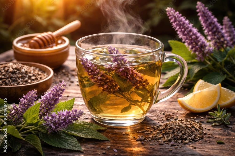Fototapeta premium Healing herbal tea brewed from Agastache foeniculum for lung and stomach wellness