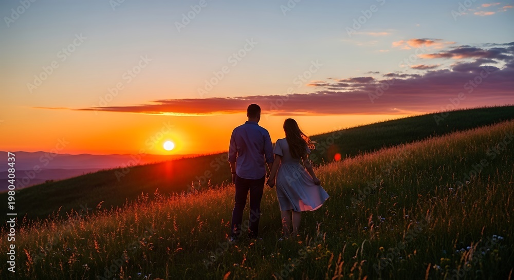 Fototapeta premium Couple watching romantic sunset together outdoors.