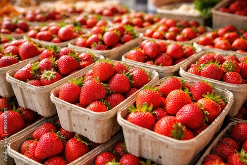 Fresh ripe strawberries arranged in eco friendly paper trays at an open market stall