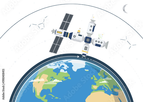 Advanced space station orbiting planet Earth, illustrating global connectivity and technological progress in cosmic exploration and scientific discovery
