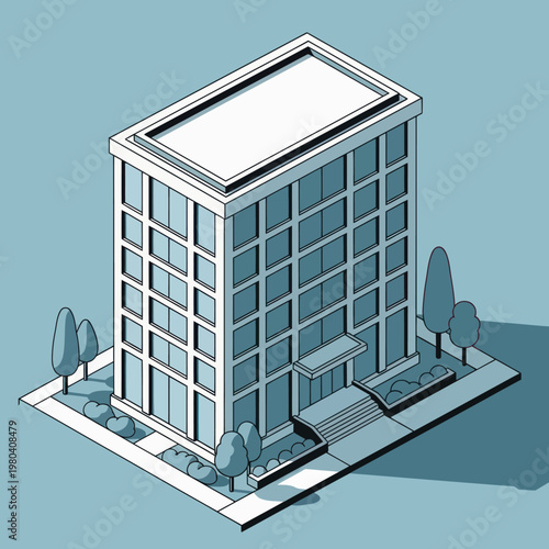 Isometric Illustration of a Modern Office Building with Trees.
