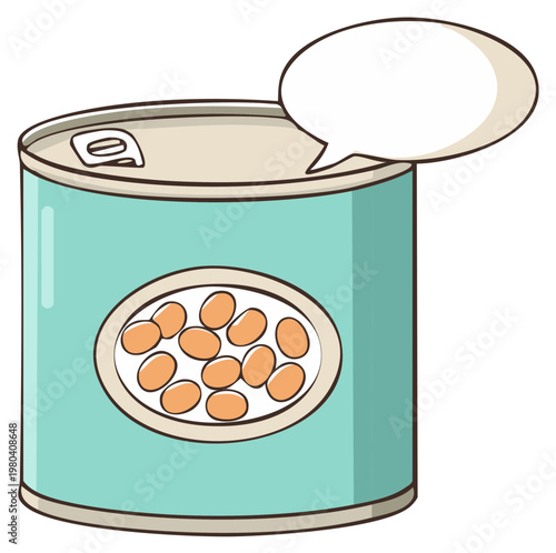Canned beans with speech bubble illustration, preserved food tin can vector drawing