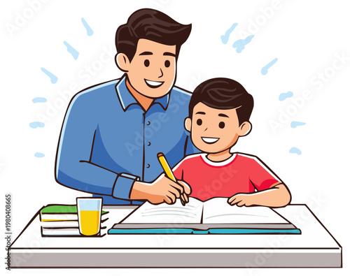 Dedicated father helping his son with homework while sitting at the table with orange juice and books cartoon art style