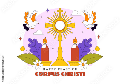 Corpus Christi Vector Illustration Featuring Holy Eucharist Chalice, Bread, Grapes, Cross, And Catholic Religious Feast Celebration Design